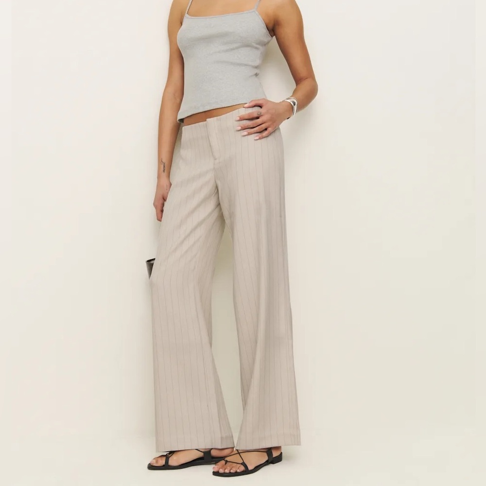 Reformation Beige Pinstripe Wide Leg Pants